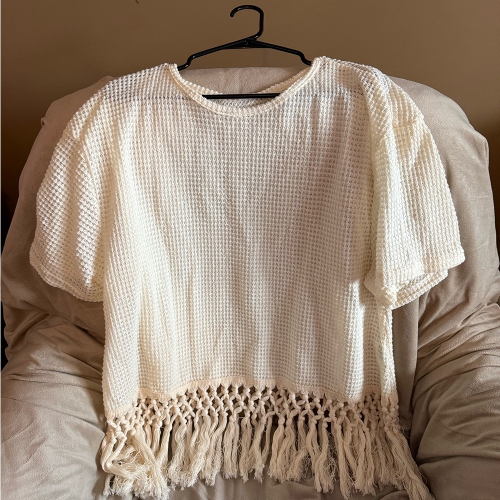Women's Cream Waffle Knit Fringe Short Sleeve Top